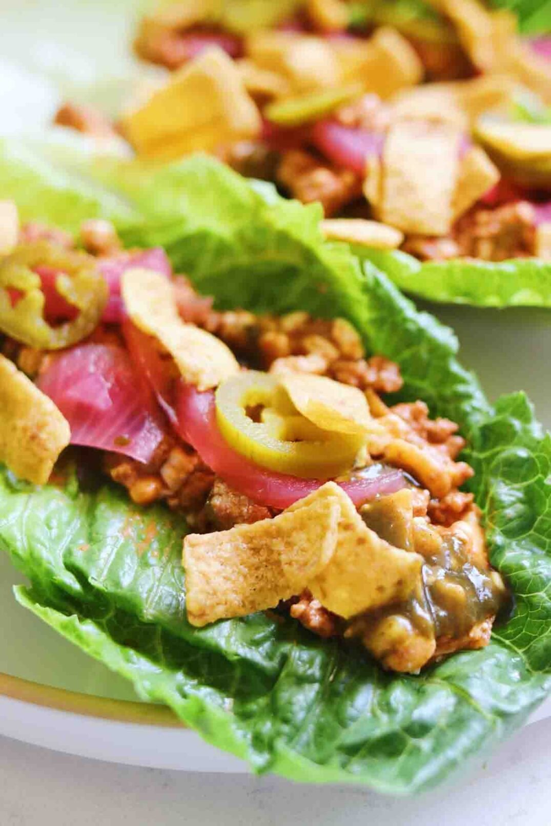 one romaine leaf topped with cottage cheese taco meat and colorful toppings.