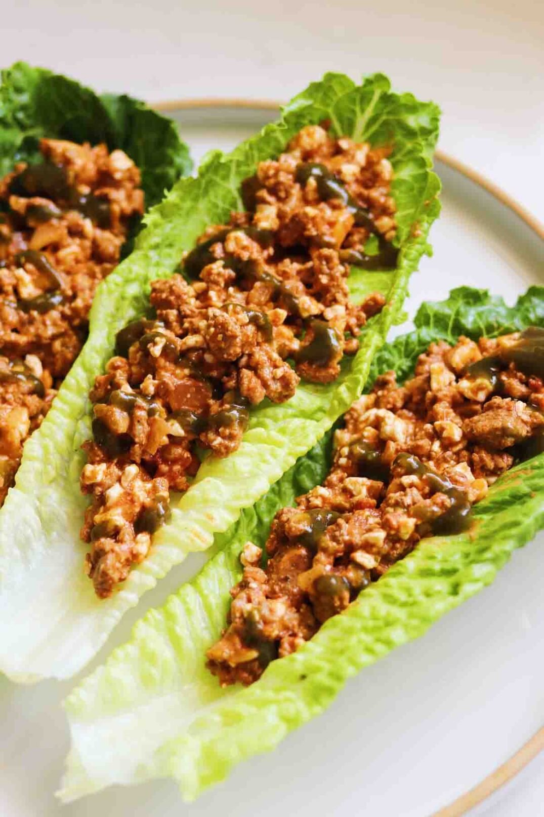 cottage cheese taco meat in a lettuce wrap in a white plate.
