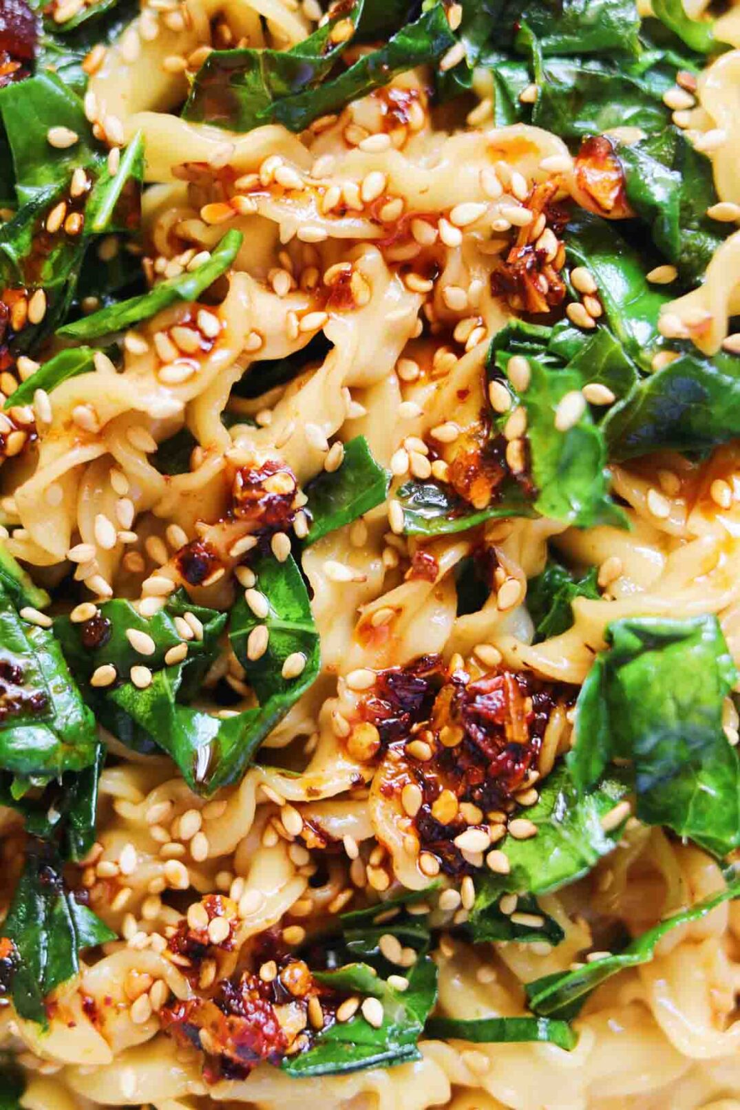 an up close view of squiggly noodles and sauteed coconut kale.