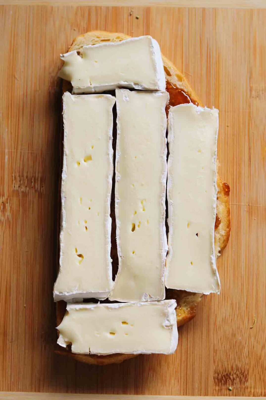 strips of brie on a slice of sourdough.