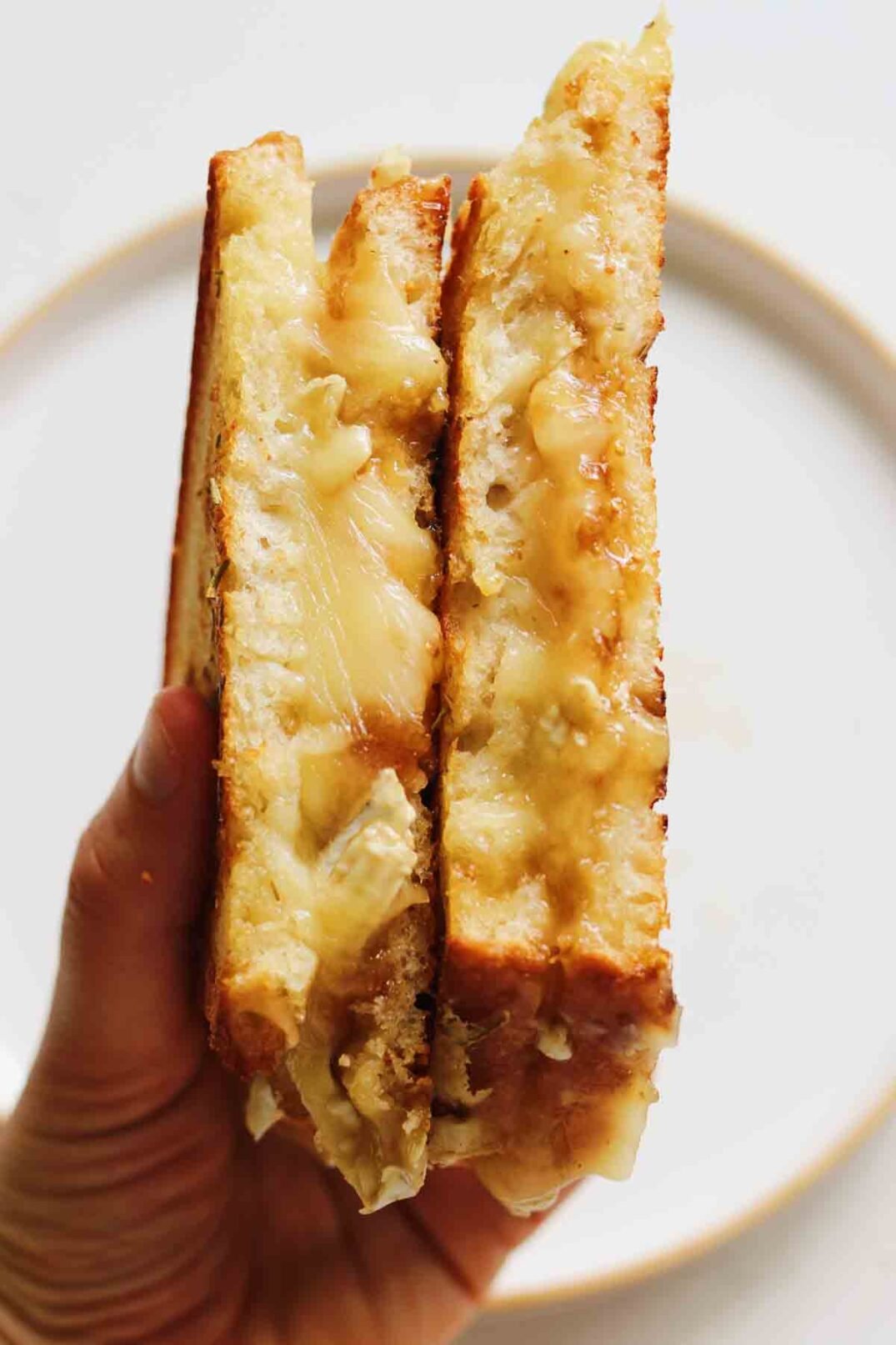 a hand holding a halved brie grilled cheese.
