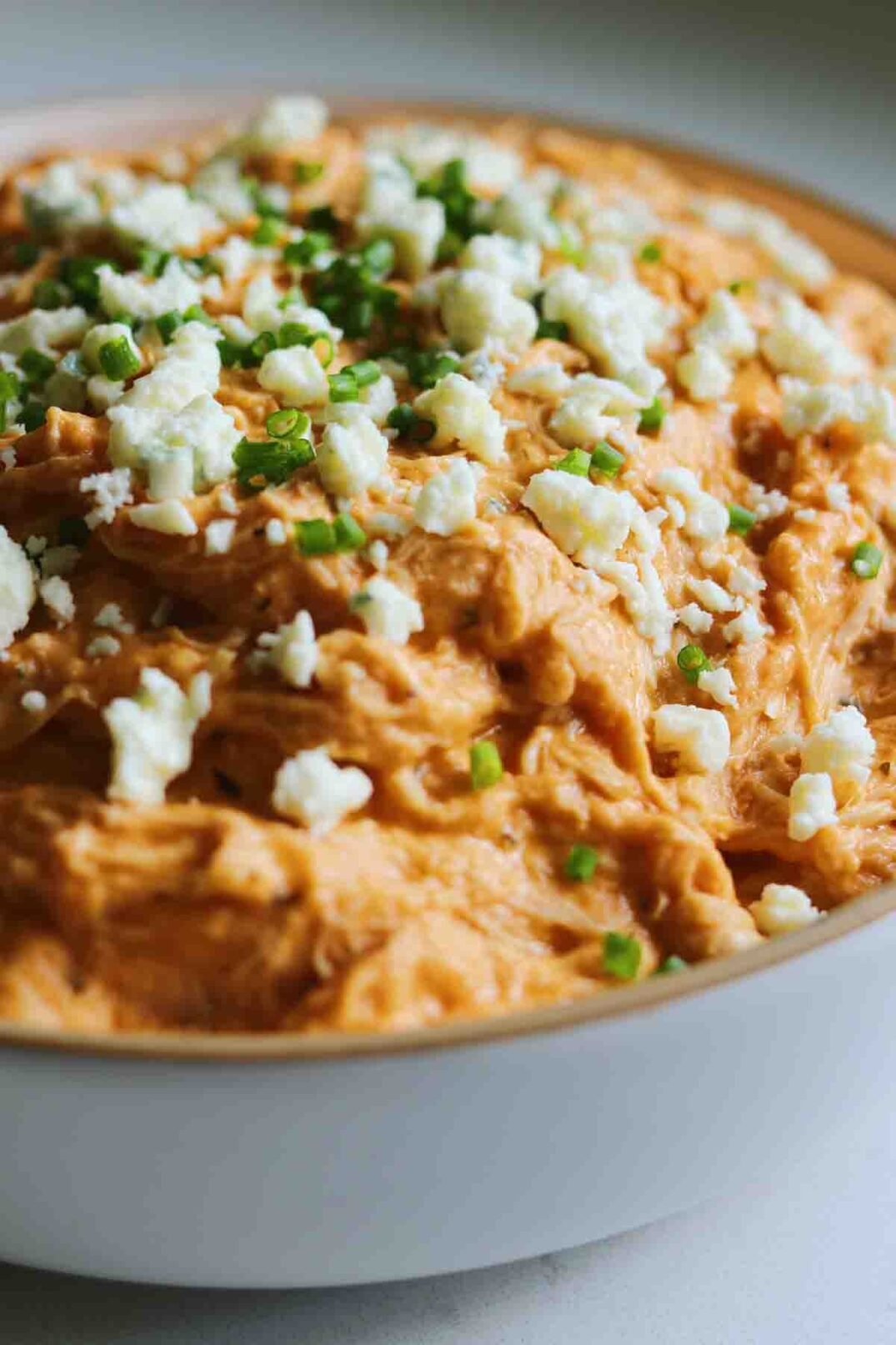 the side view of a bowl of crockpot buffalo chicken dip.