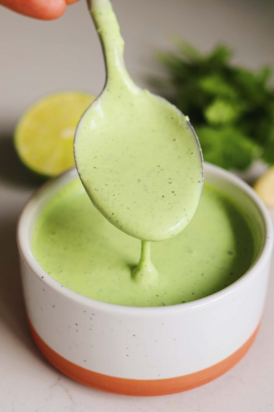 bright green garlic cilantro sauce in a white ramekin with fresh ingredients behind it.