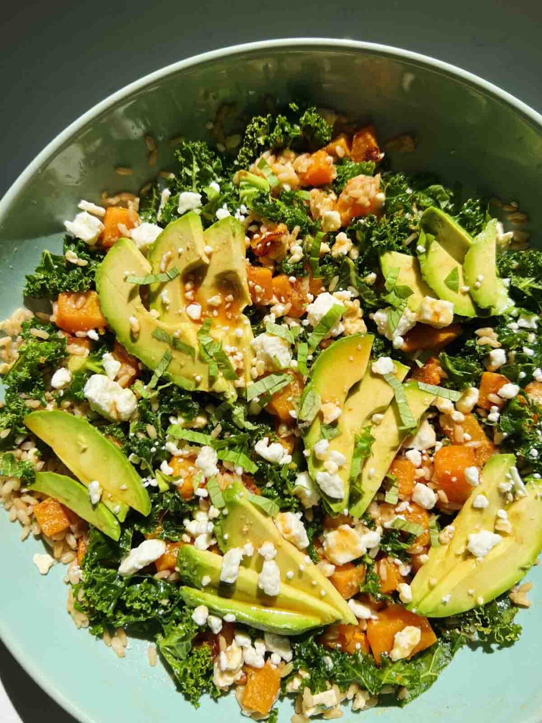 the upper left side of a blue bowl filled with kale, avocado, butternut squash, brown rice, basil and hot honey vinaigrette.