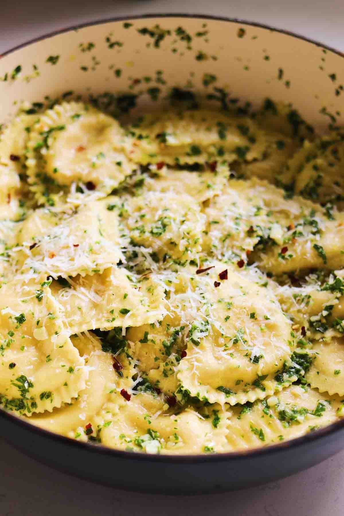 Trader Joe's Cauliflower Ravioli with Aglio e Olio - Grilled Cheese Social