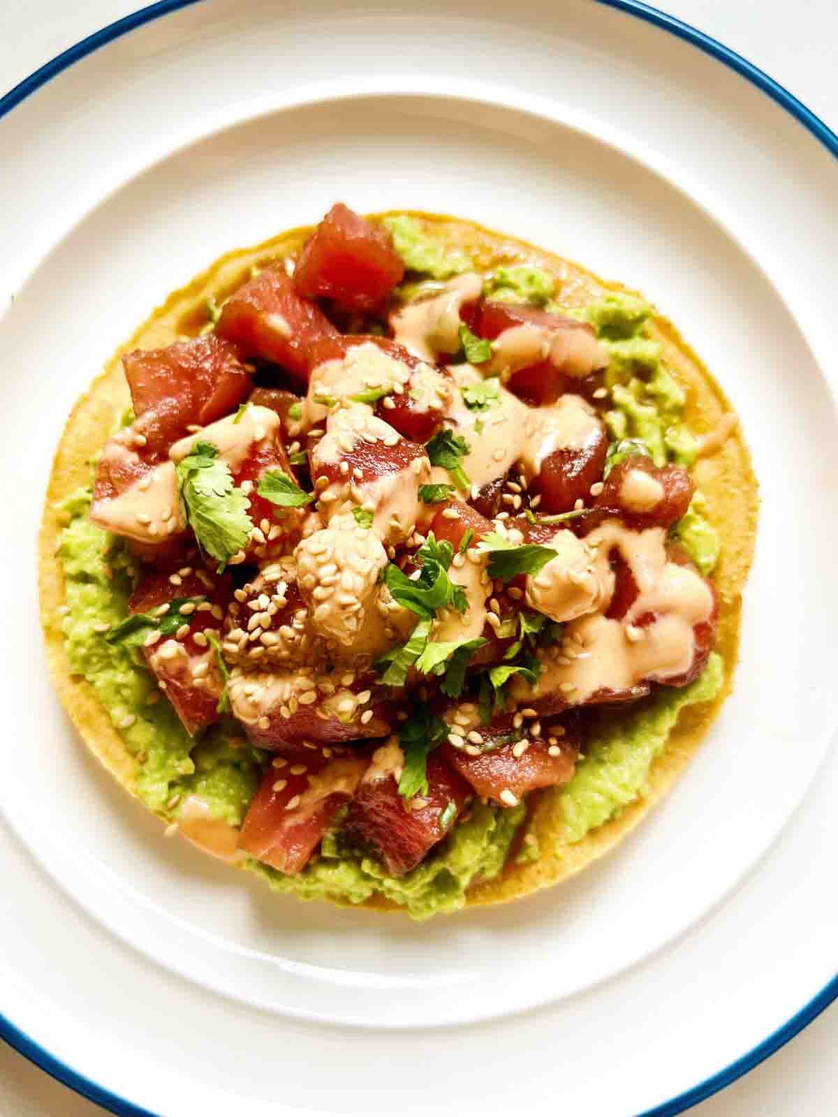 an overhead view of a tuna tostada.