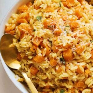a white bowl filled with butternut squash orzo in brown butter sauce.