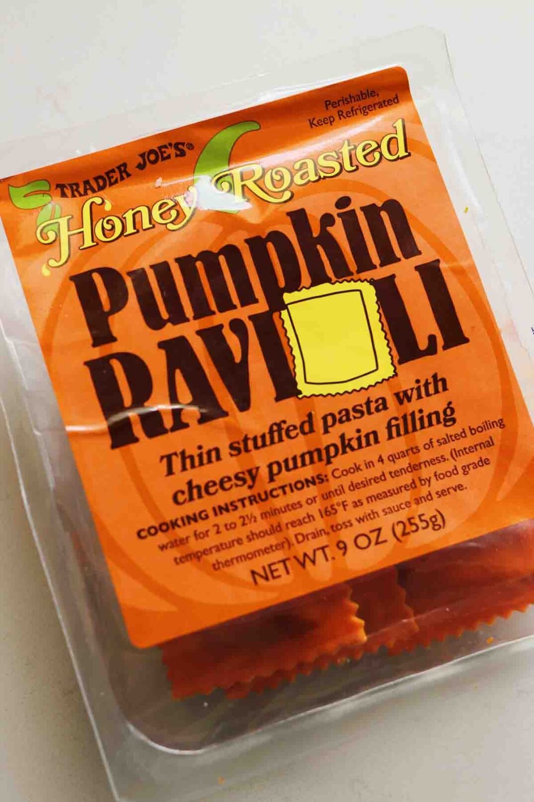 a package of Trader Joe's Pumpkin Ravioli on a white countertop.
