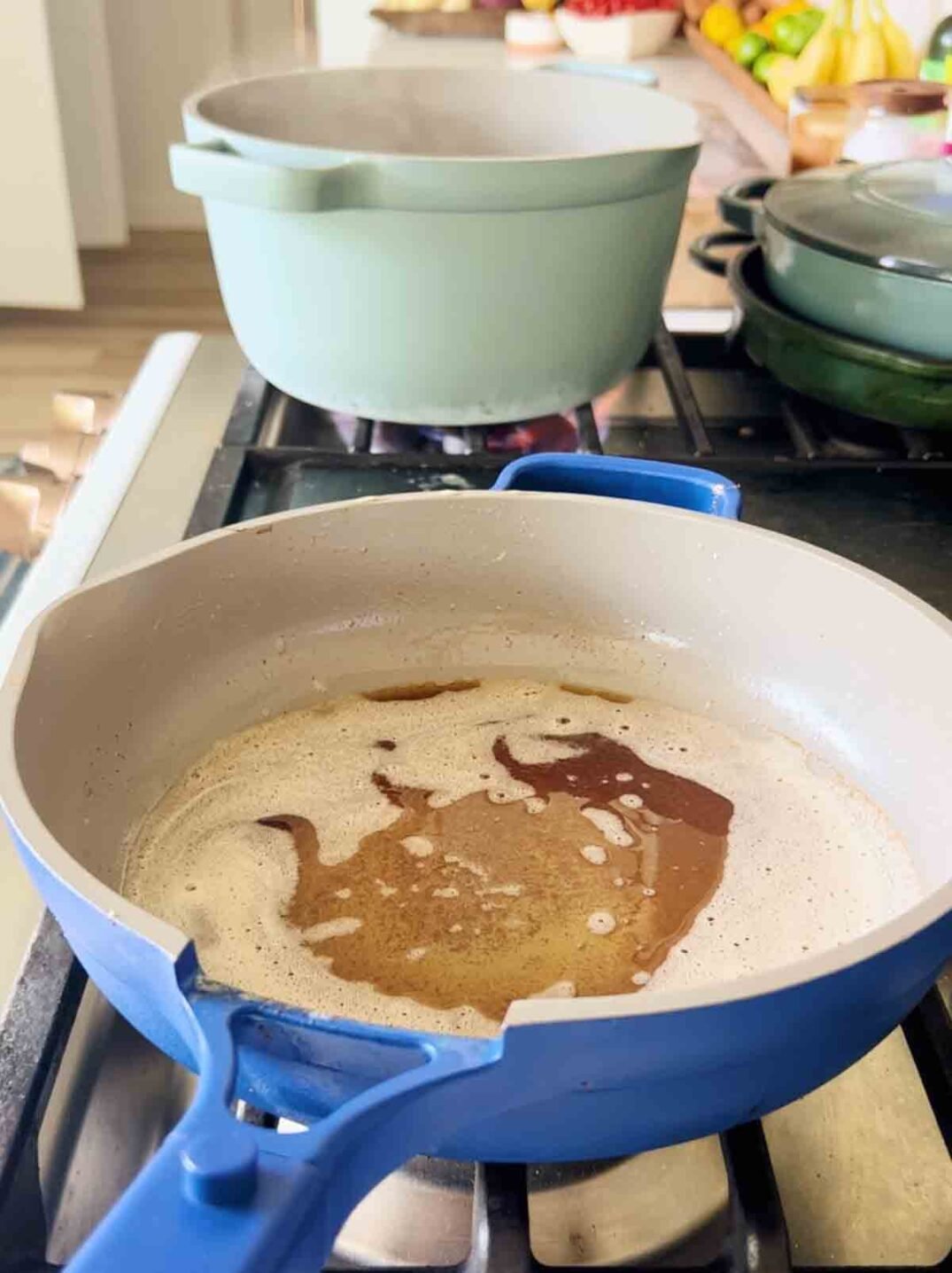 brown butter in a blue fry pan.