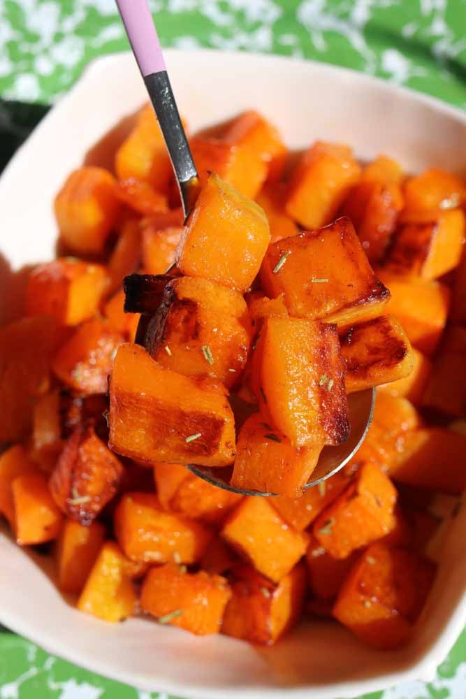 an overhead view of a bowl of roasted butternut squash.