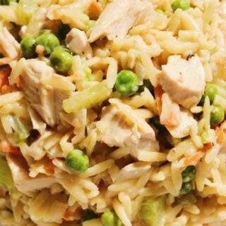 a close up of a serving of chicken pot pie orzo