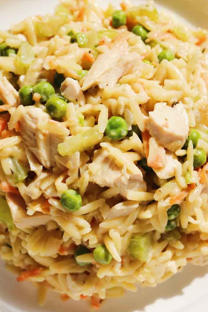 a close up of a serving of chicken pot pie orzo