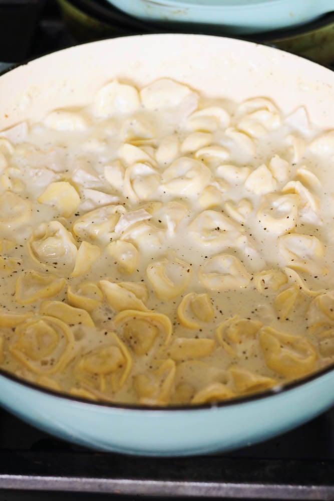 tortellini in a cream sauce before it's being boiled. 