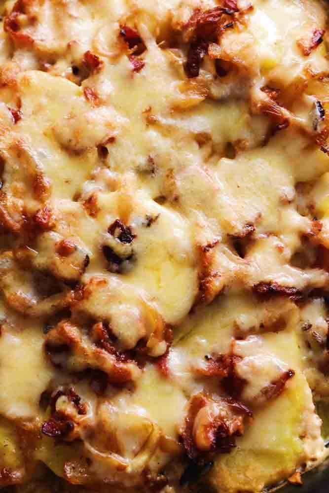 a close up view of the crust of tartiflette.
