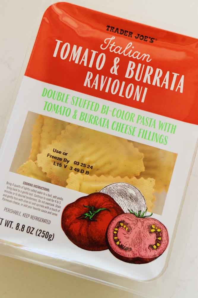 a package of Tomato & Burrata Raviolioni from Trader Joe's. 