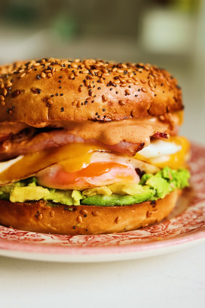 an up close view of the stacks in a breakfast bagel. 