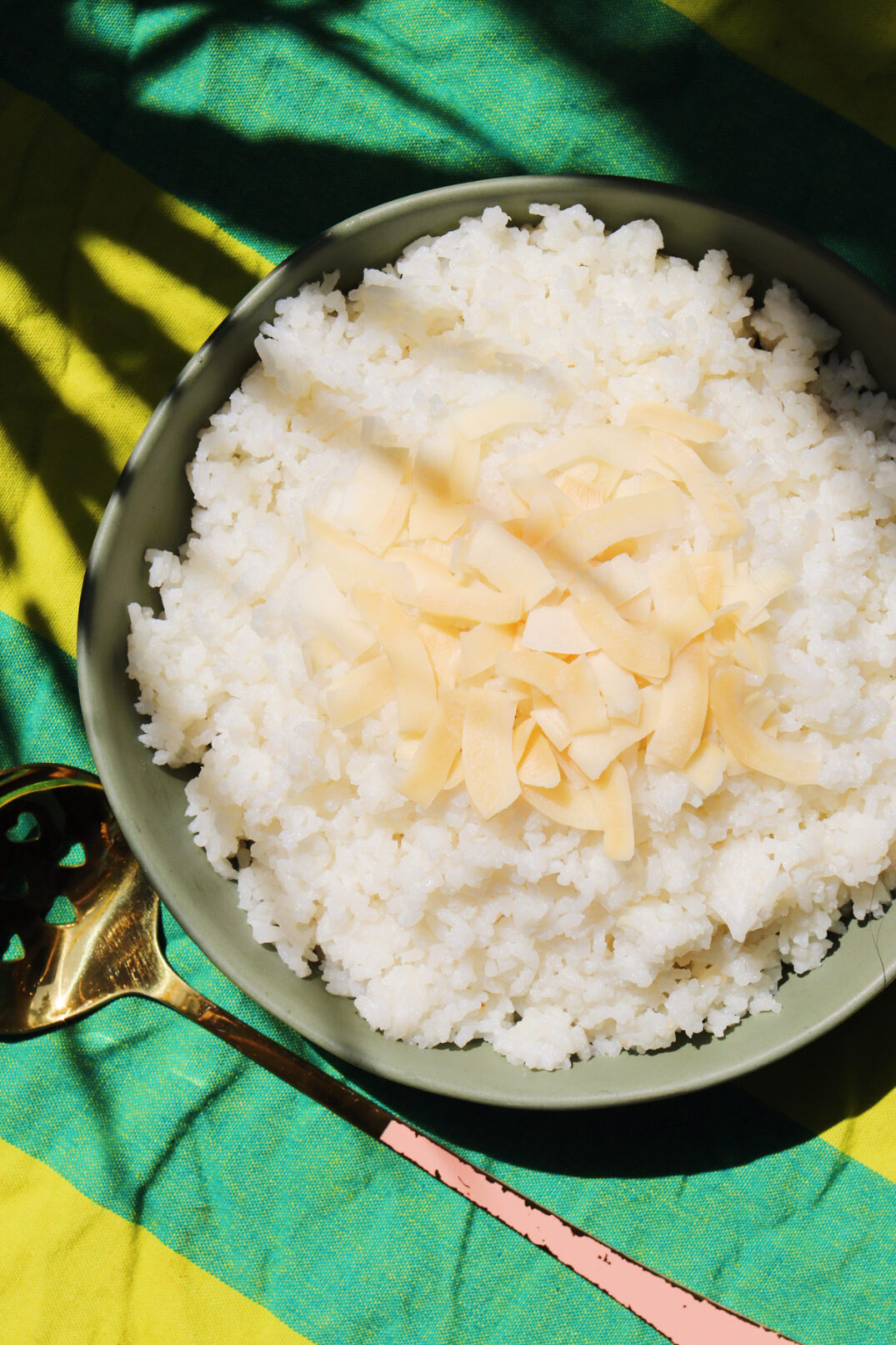 rice cooker coconut rice on a striped tablecloth with a palm tree shadow overhead. 