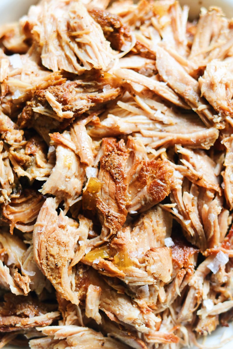 an up close view of a bunch of tender shredded pork.
