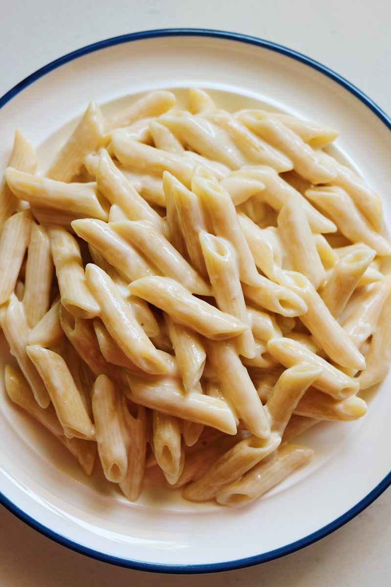 a large white plate topped with creamy white penne alfredo.