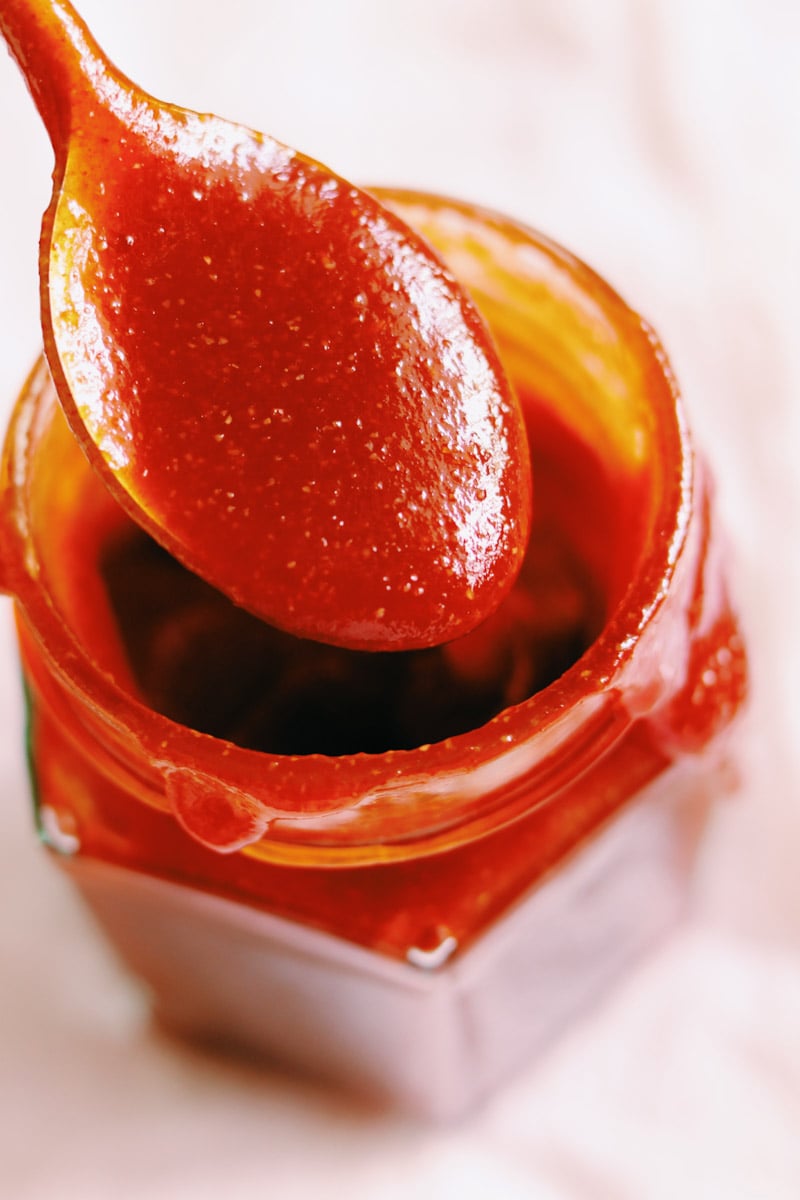 a spoon holding a scoop of bbq sauce. 