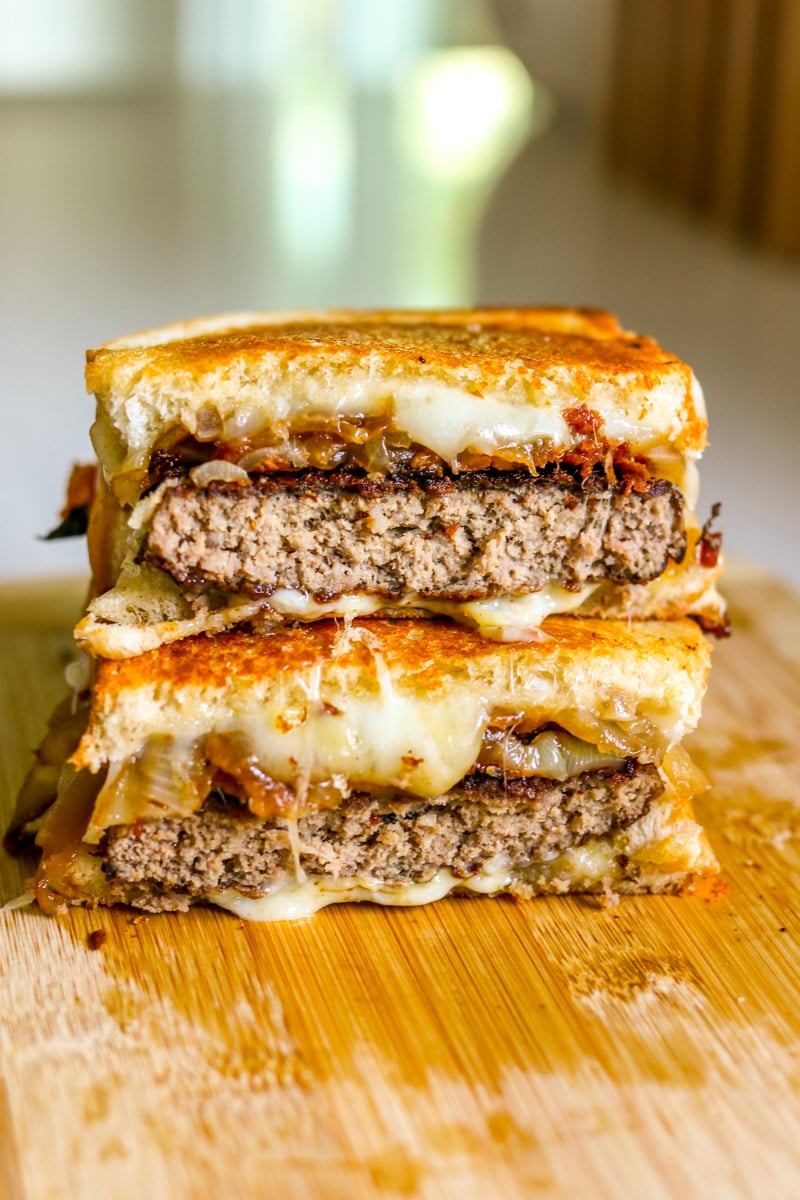 a bubba burger patty melt recipe on a cutting board. 