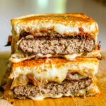 two halves of a bubba burger patty melt recipe stacked on top of each other.