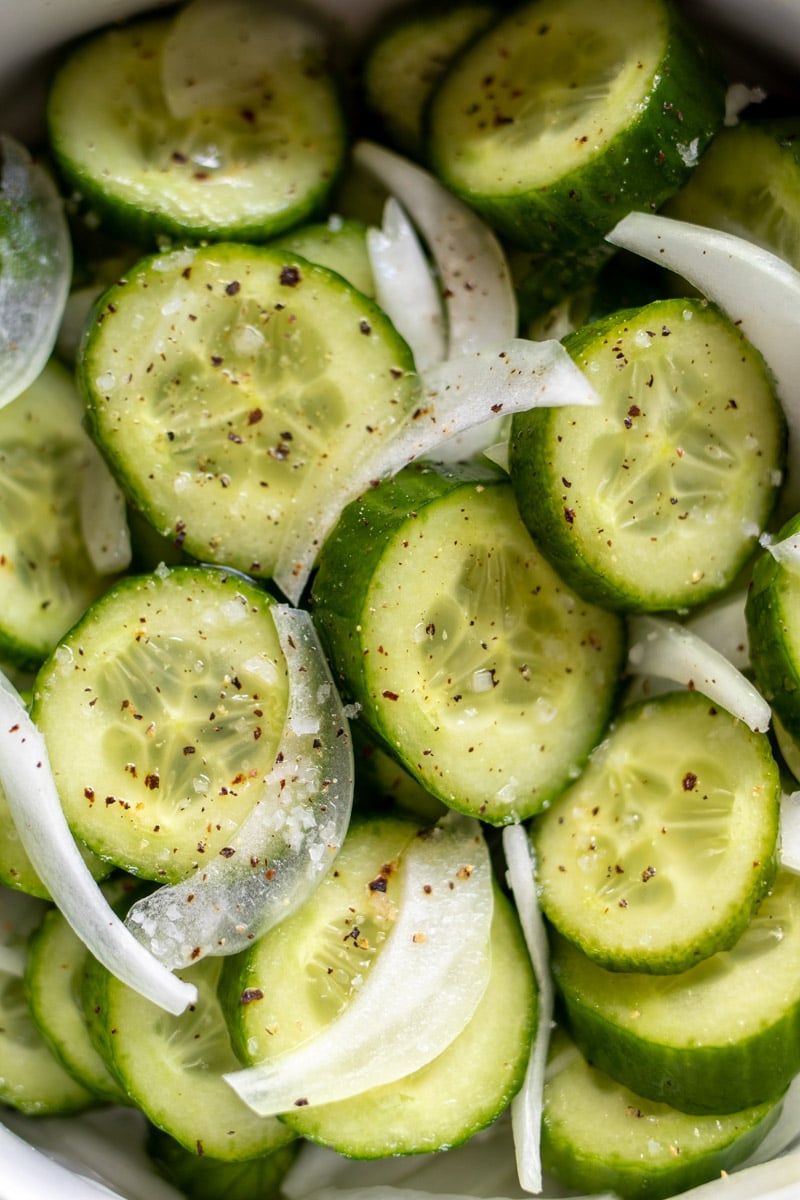 a micro view of a cucumber salad. 