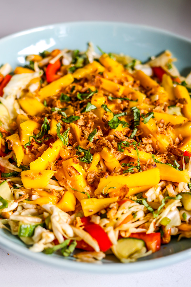 a birds eye view of a bowl of colorful mango salad. 