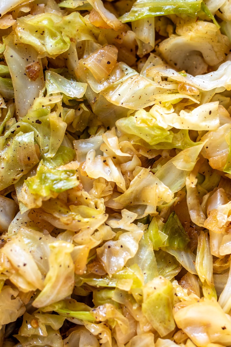 close up of the texture of sauteed cabbage and onions. 