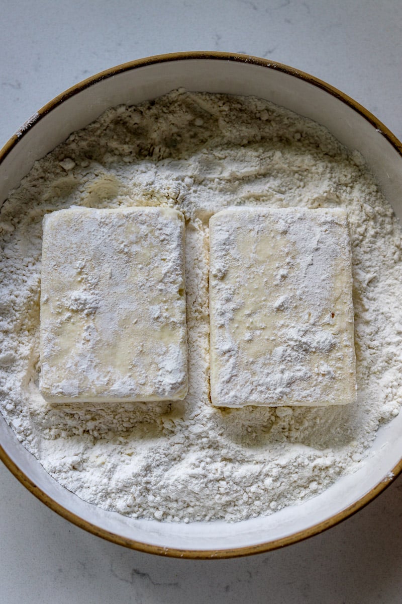 pieces of feta in flour.