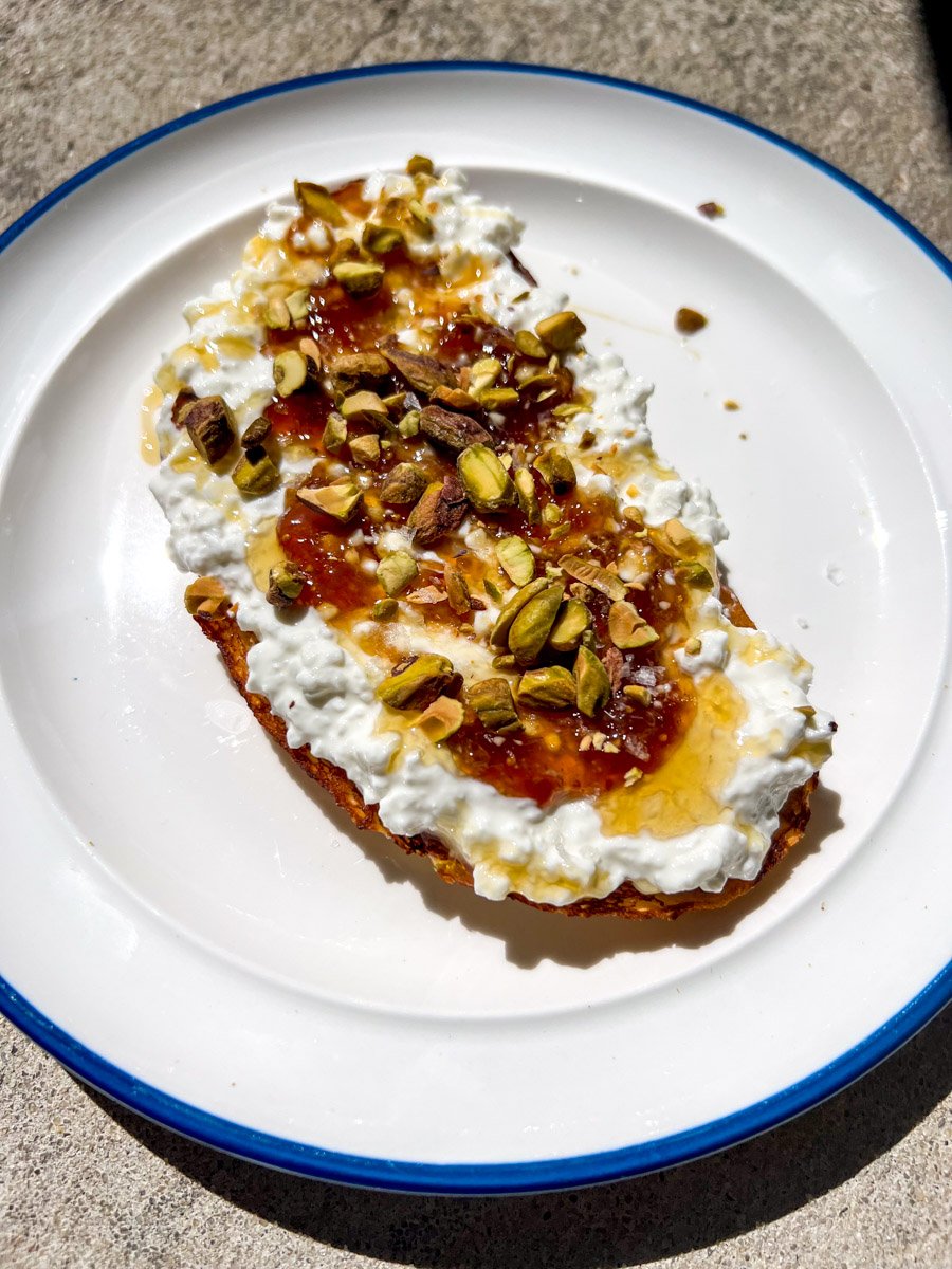 cottage cheese toast with fig jam.