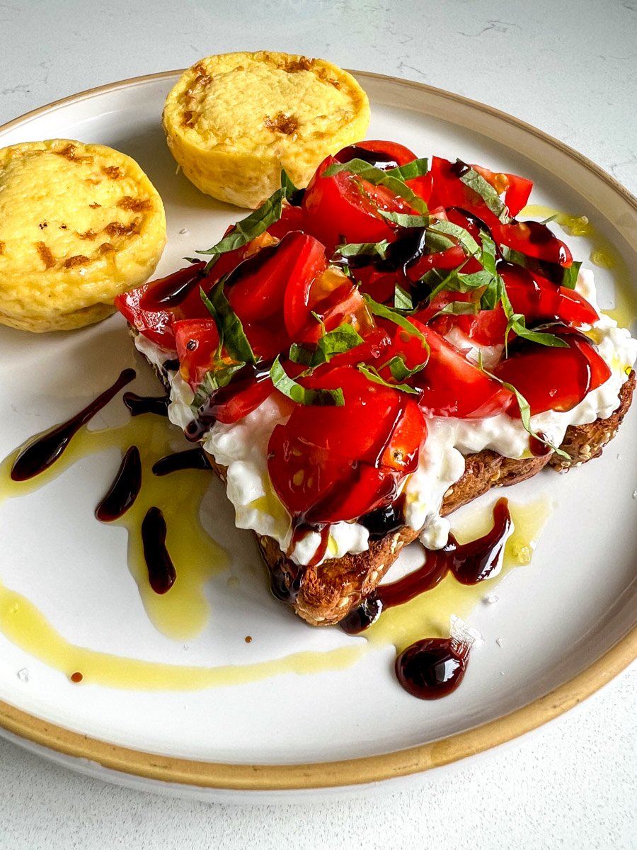 cottage cheese toast with bruschetta topping.