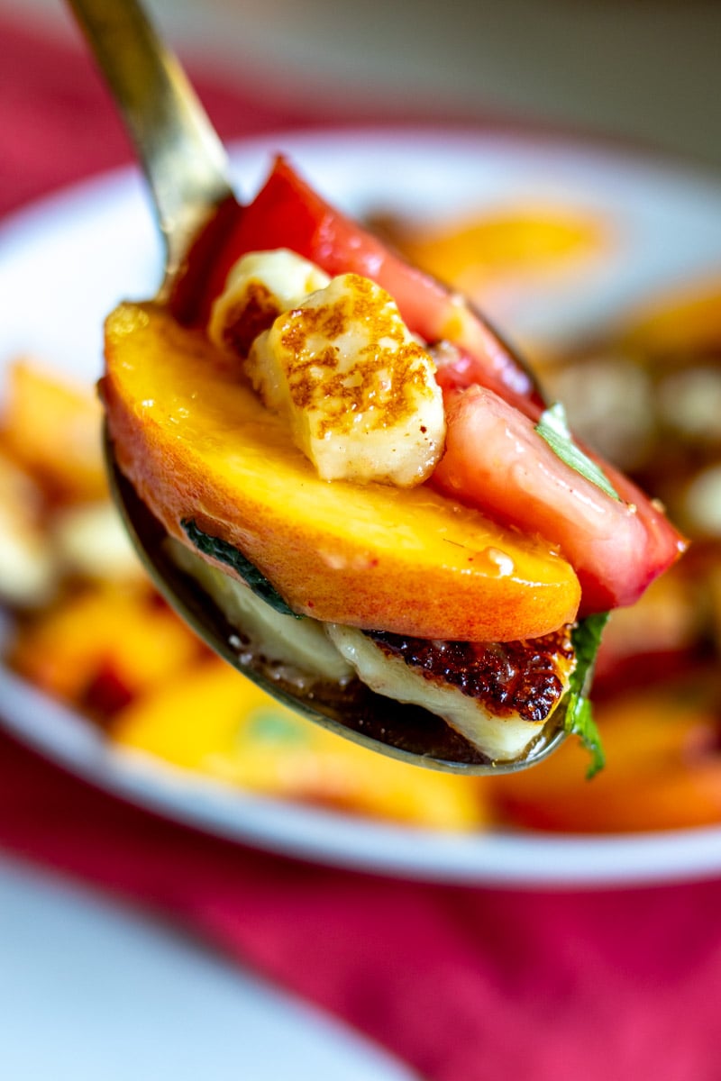 a gold spoon holding a scoop of tomato salad with peaches and halloumi.