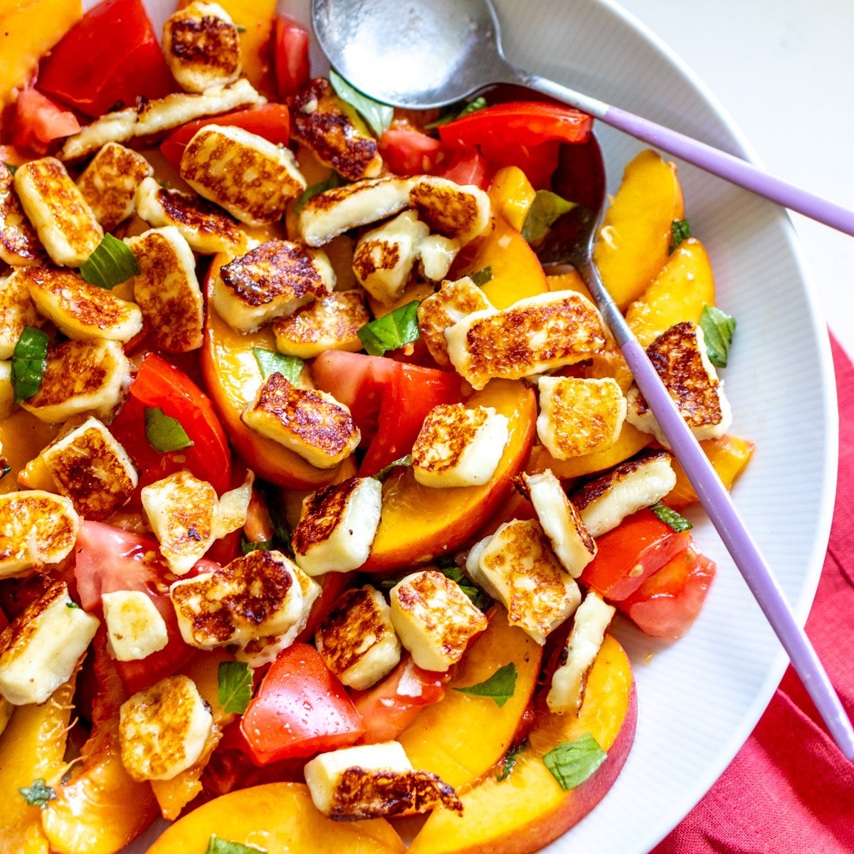 Summer Peach and Tomato Salad with Halloumi & Hot Honey - Grilled