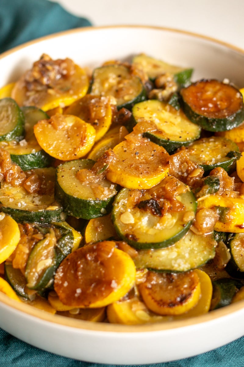 a big bowl of roasted squash and zucchini.