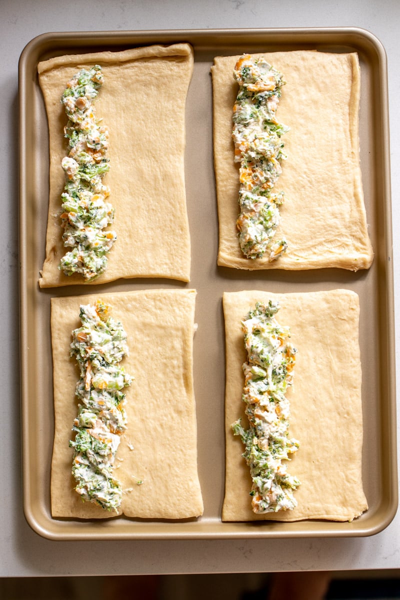 broccoli cheese crescent roll bagel rectangles with stuffing lined on the side.