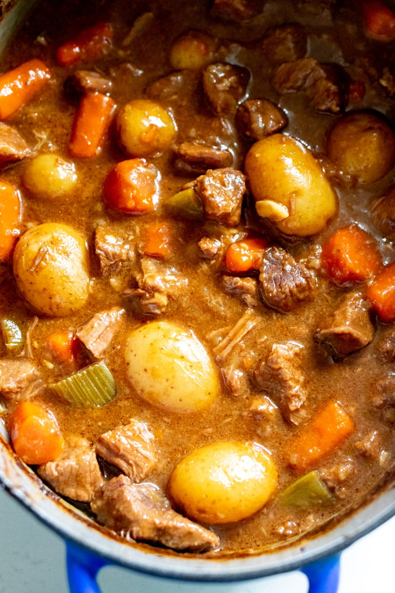 beef stew after it's been thickened with a cornstarch slurry.