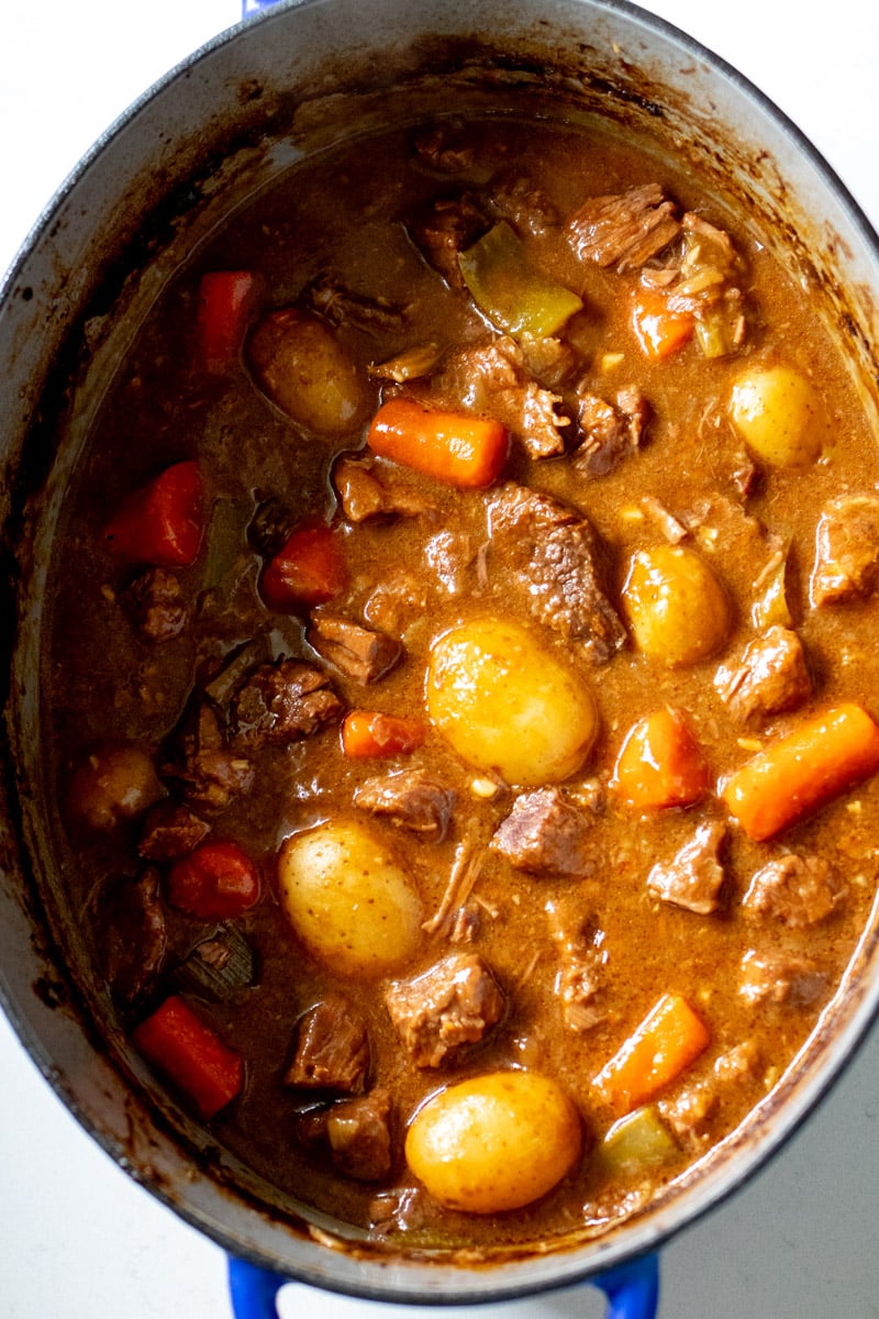 an overhead view of dutch oven beef stew.