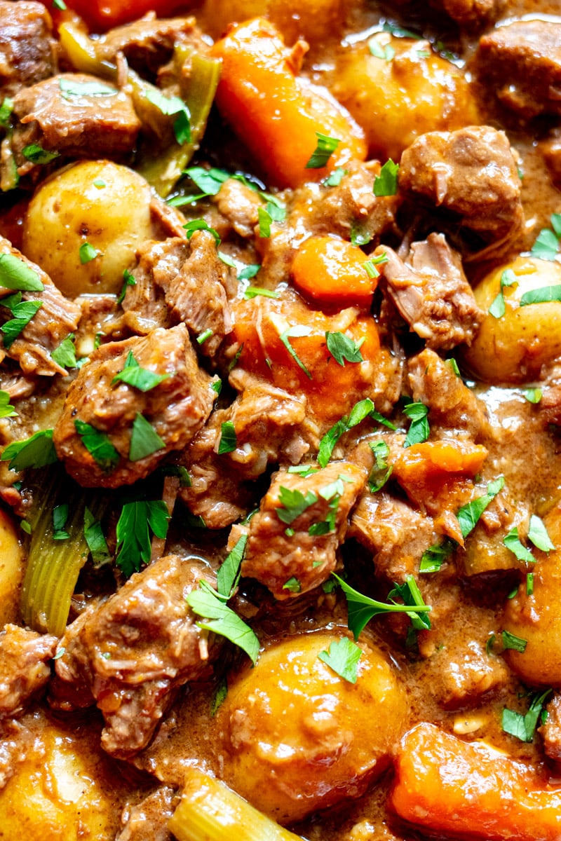 an macro view of the textures of tender beef and vegetables.