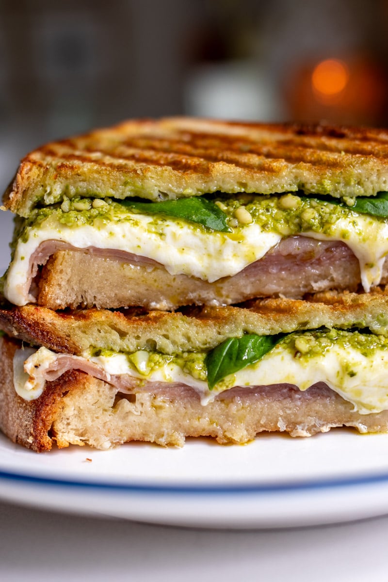 a macro view of the inside of a cut open panini sandwich.