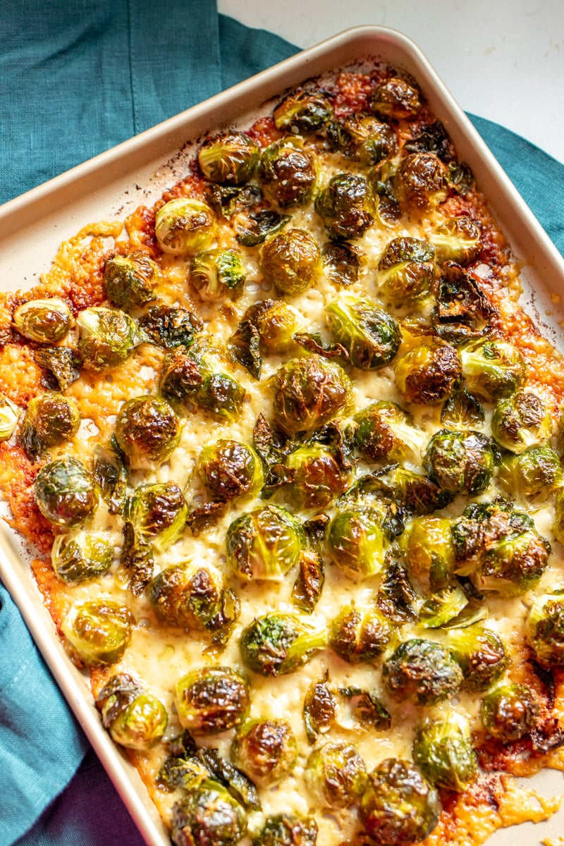 a baking sheet of parmesan crusted brussels sprouts.