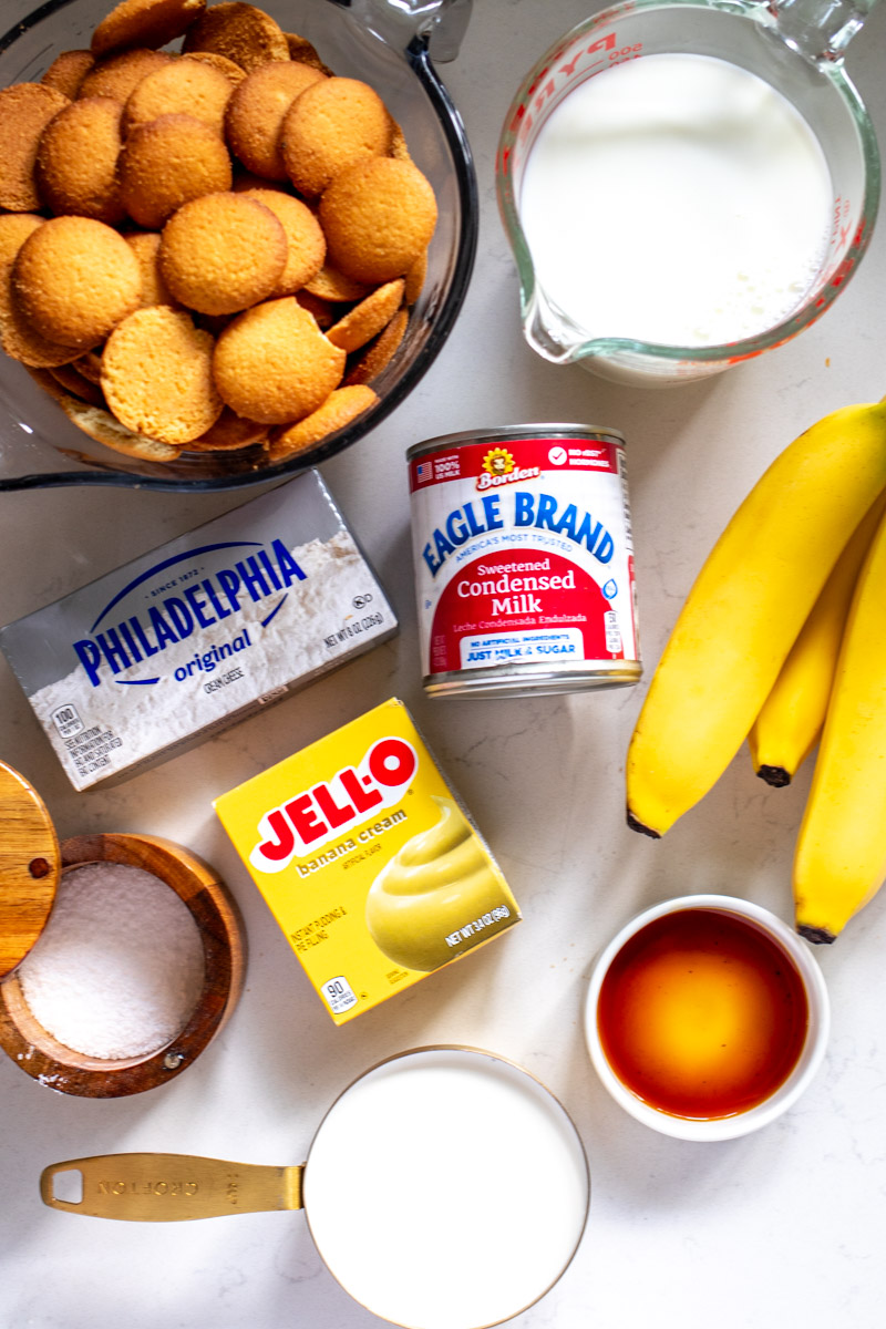 all of the ingredients you need to make southern banana pudding with condensed milk.