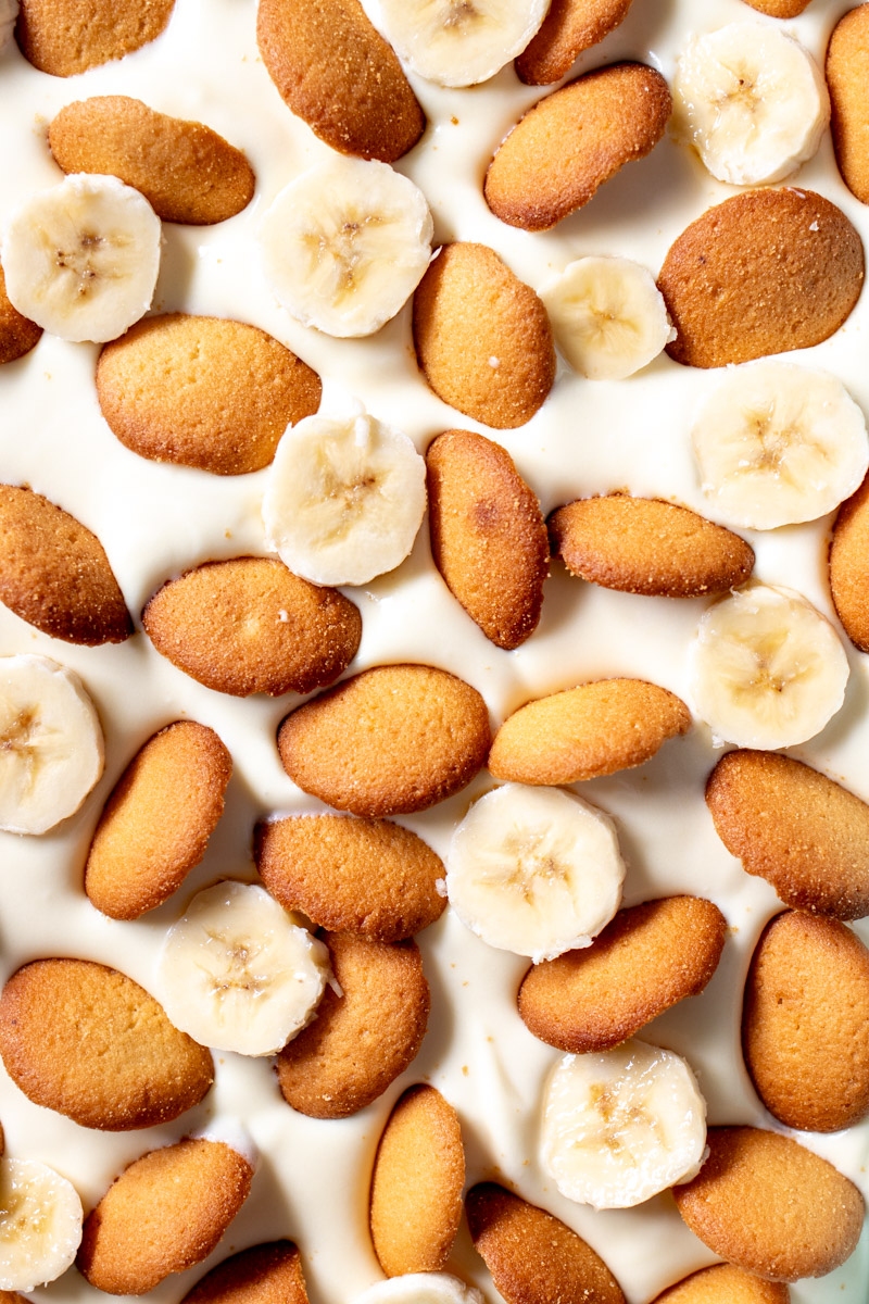 an up close look at the textures of the topping of banana pudding.