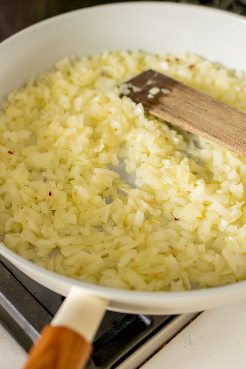 onions in a pan with olive oil and butter.