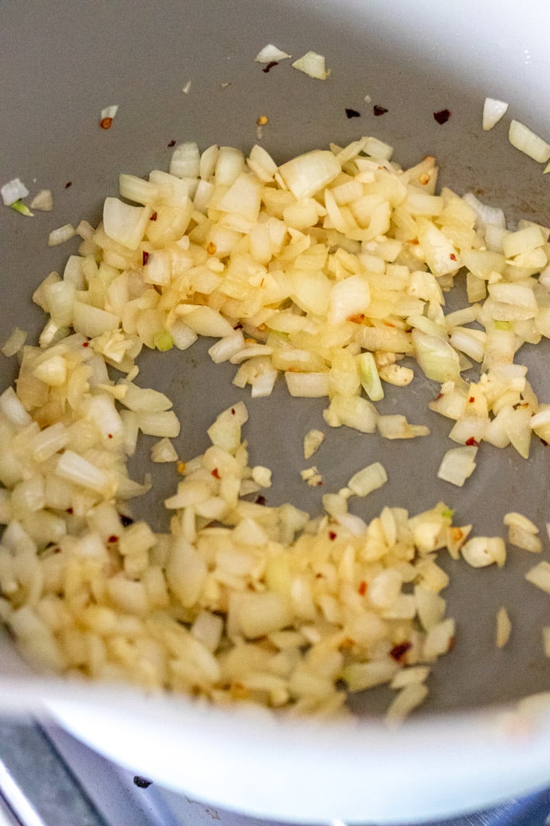 tiny bits of onion browning in a pot.