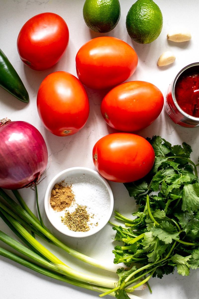 all of the colorful ingredients you'll need to make this hot salsa recipe on a white countertop.