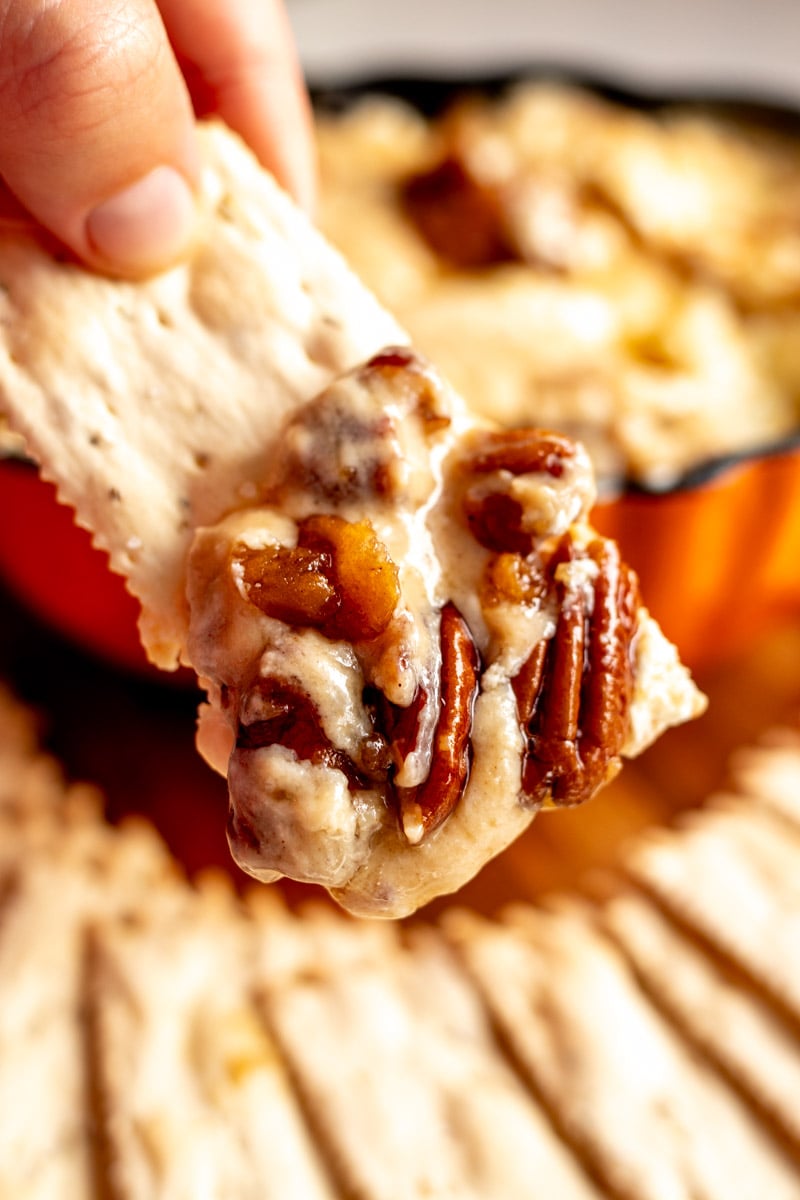 a hand dipping a cracker into the pecan pie goat cheese dip.