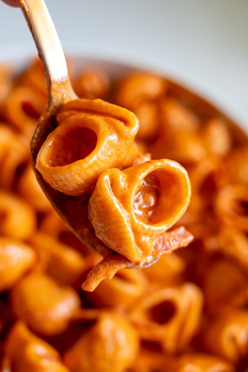 a spoon holding a scoop of pepperoni alla vodka pasta.