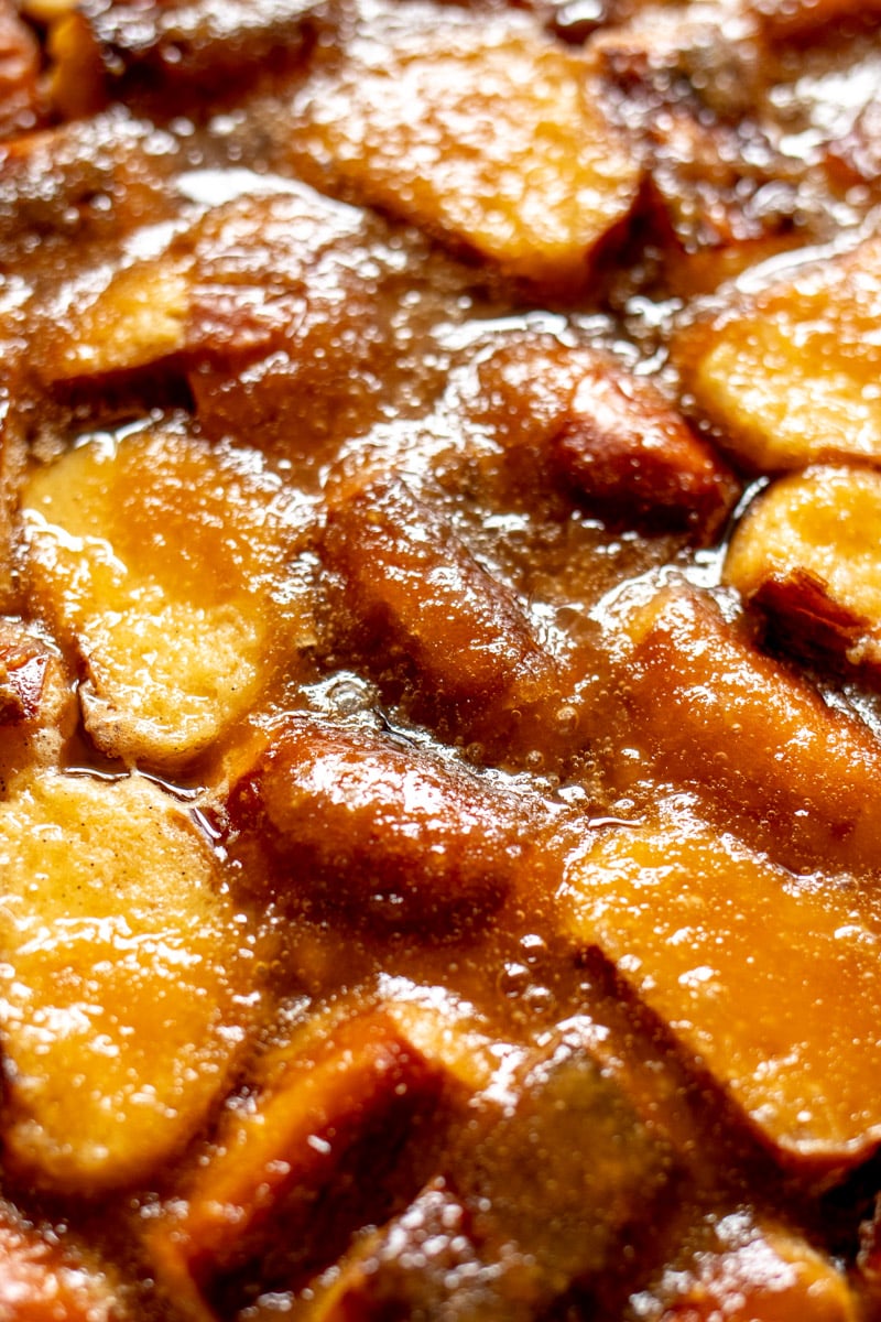 an up close view of the top of a pretzel bread pudding skillet.