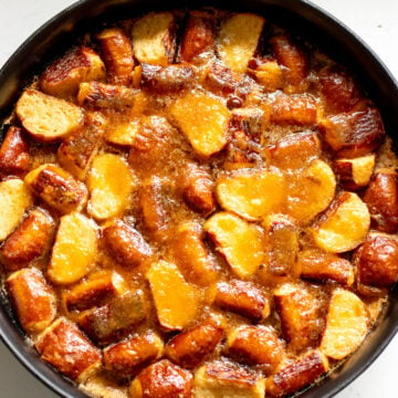 pretzel bread pudding in a cast iron skillet.